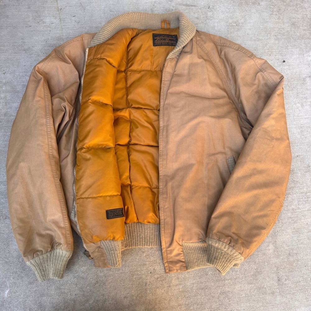 Vintage Eddie Bauer Goose Down Bomber Jacket Tan Men XL Talon Zip Puffer 70s 80s